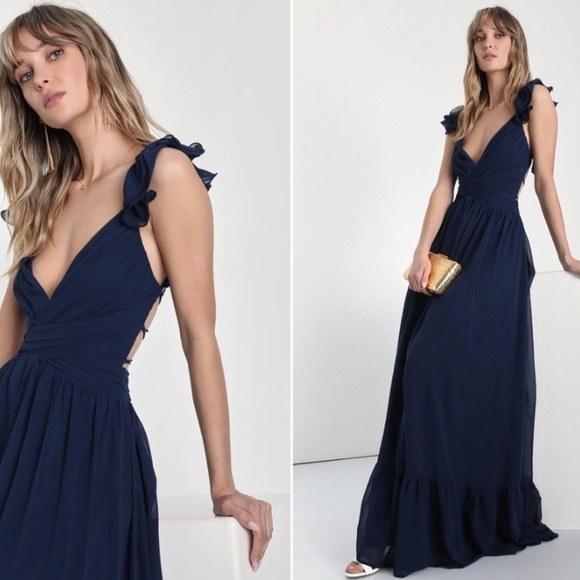 LULU's Prom Wedding Sexy Boho Flowy Romantic Ruffle Corset Tie Back Maxi Dress - Picture 5 of 5